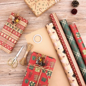 跨境亚马逊专供新款复古圣诞牛皮纸包装纸 圣诞礼物包装纸diy套装